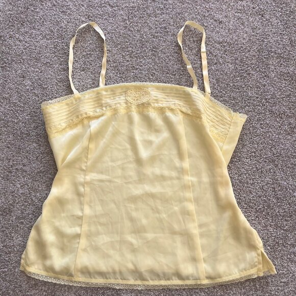 Y2K Pale Yellow Satin Pleated Embroidered Lace Cami Top M - Picture 4 of 8